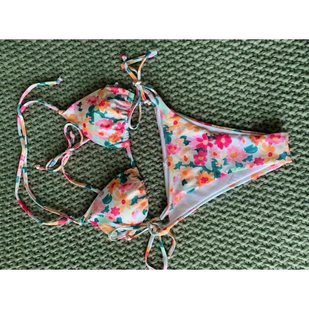 SHEIN Floral Ribbed Triangle Bikini Set Multicolor‎ Side Tie Swimsuit Size Small